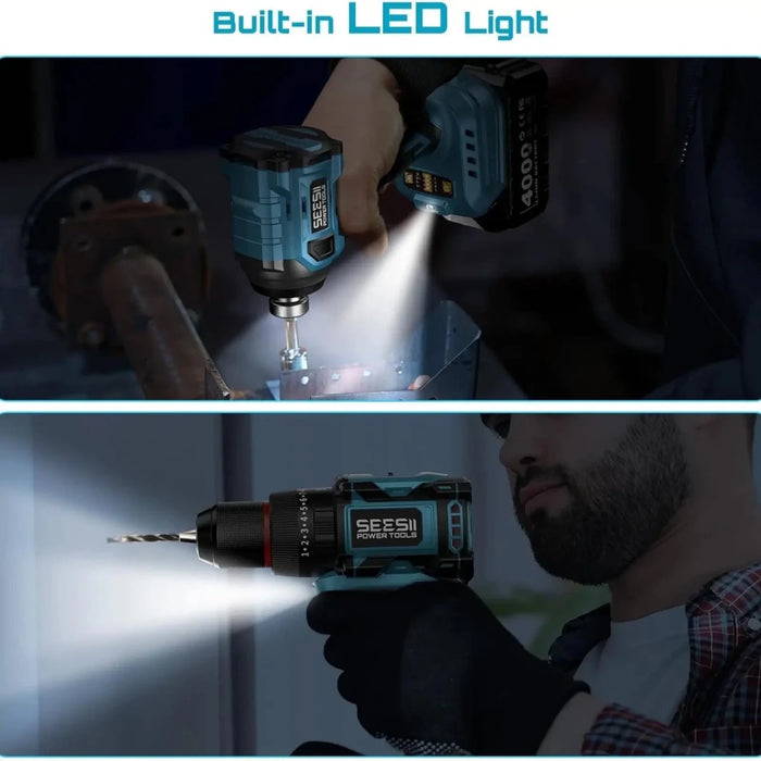 Seesii Electric 3/8'' Drill & 1/4'' Cordless Impact Driver Brushless 2 Tool Combo Kit - SeeSii