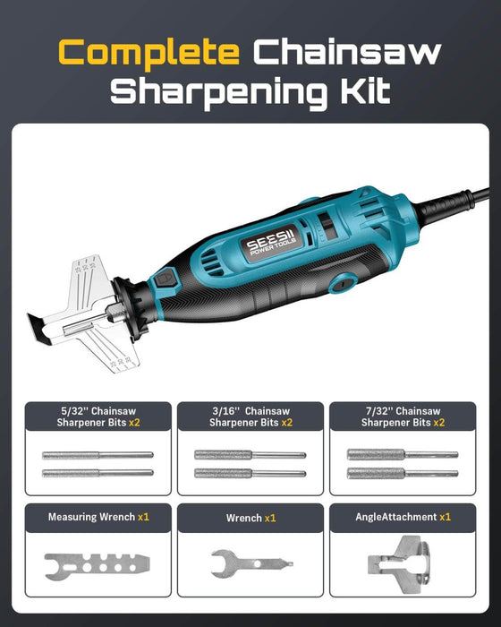 SEESII Electric Chainsaw Sharpener Kit, 35000RPM, 6 Diamond Bits, Fast Sharpening - Chainsaw Sharpener Kit-SeeSii