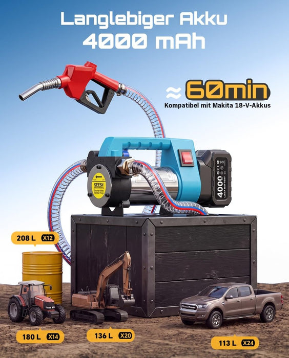 SEESII Electric Diesel Pump Battery 45L/min Auto Stop Fuel Gun with 2 x 4.0 Ah batteries - SEESII