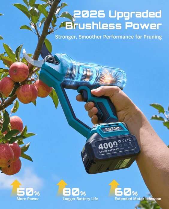 SEESII Electric Pruning Shears Upgraded, 1.6" Cordless Pruner Brushless 2 x 4000mAh Batteries, Up to 4000 Cuts, LCD Display, Safety Switch, SK5 Blade, Branch Cutter for Tree Garden Trimming - Pruning Shears-SeeSii