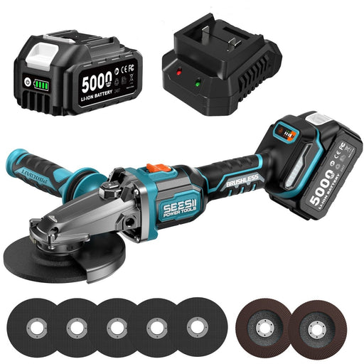 SEESII Flathead Brushless Angle Grinder with 2pcs 5.0Ah Batteries & Charger - SeeSii