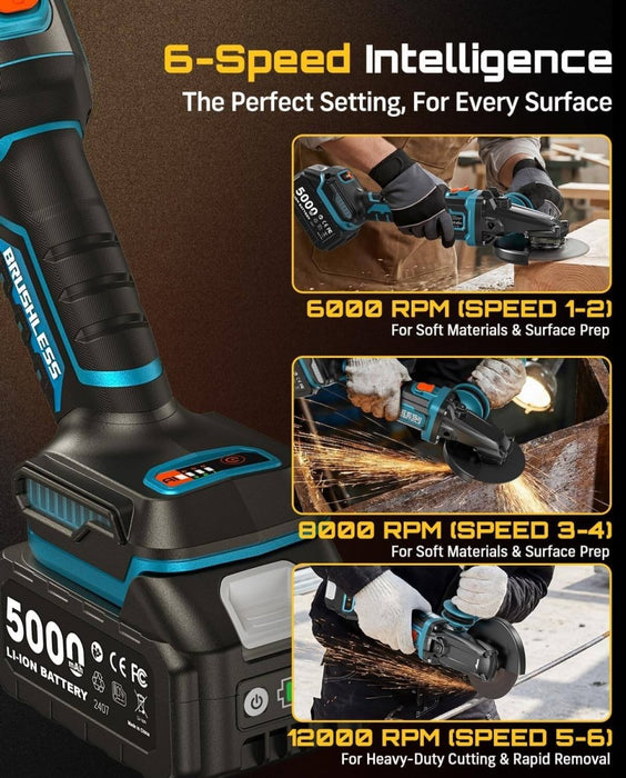 SEESII Flathead Brushless Angle Grinder with 2pcs 5.0Ah Batteries & Charger - SeeSii