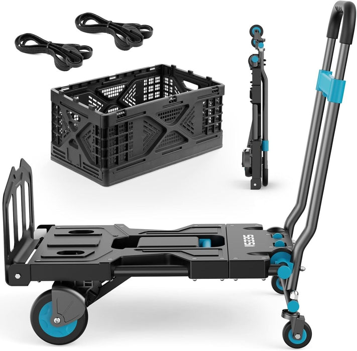SEESII Folding Hand Truck Dolly – Heavy Duty 2 - in - 1, 330lbs, TPR Wheels - SeeSii