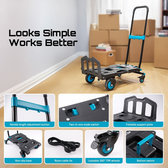 Seesii Folding Hand Truck Dolly – Heavy Duty 2 - in - 1, 330lbs, TPR Wheels - SeeSii