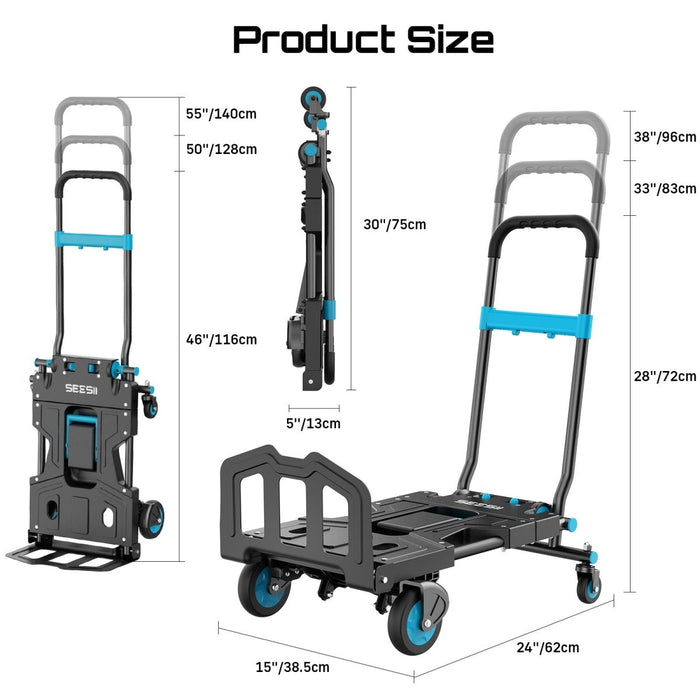 Seesii Folding Hand Truck Dolly – Heavy Duty 2 - in - 1, 330lbs, TPR Wheels - SeeSii