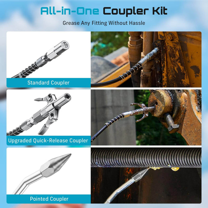 Seesii all-in-one grease gun coupler kit includes standard quick-release pointed coupler for auto farm machinery lubrication