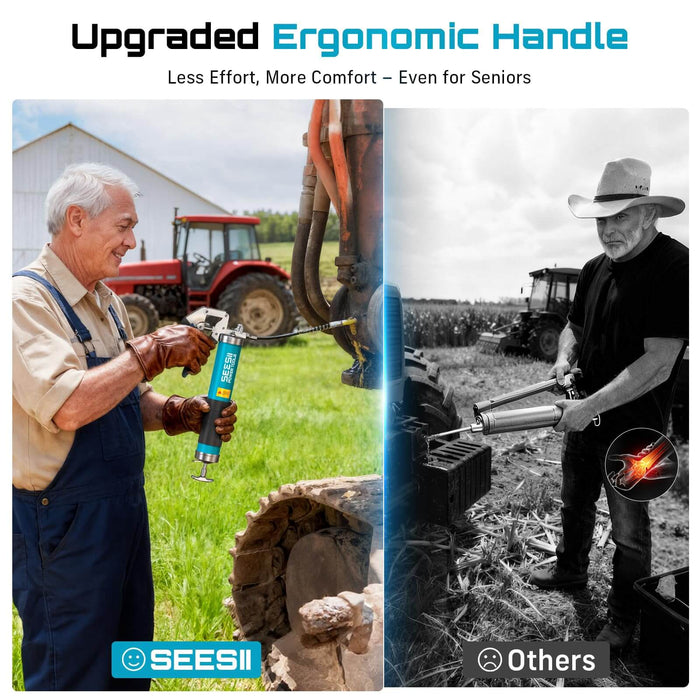 Seesii 8000PSI Blue Pistol Grip Grease Gun upgraded ergonomic handle comparison less hand fatigue for farm senior workers