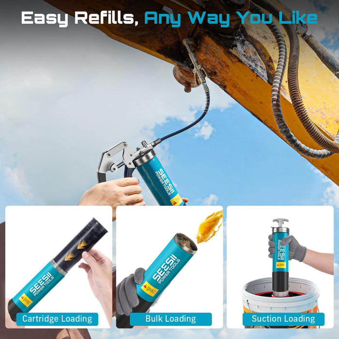 Seesii high-pressure grease gun supports 3 easy refills: cartridge, bulk, suction loading for construction & farm machinery lubrication