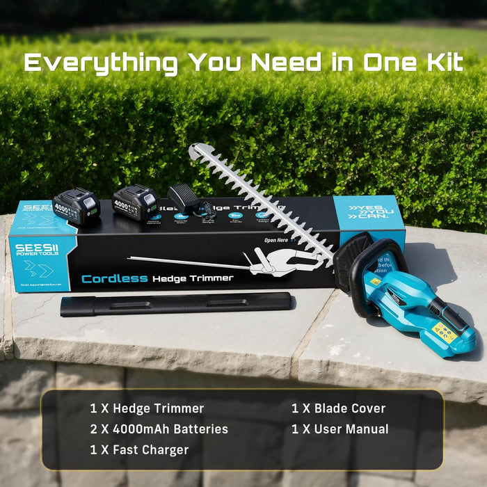 SEESII Blue 20 Inch Cordless Hedge Trimmer Complete Kit with 2×4.0Ah Batteries, Fast Charger, Blade Cover & User Manual for Home Yard Trimming