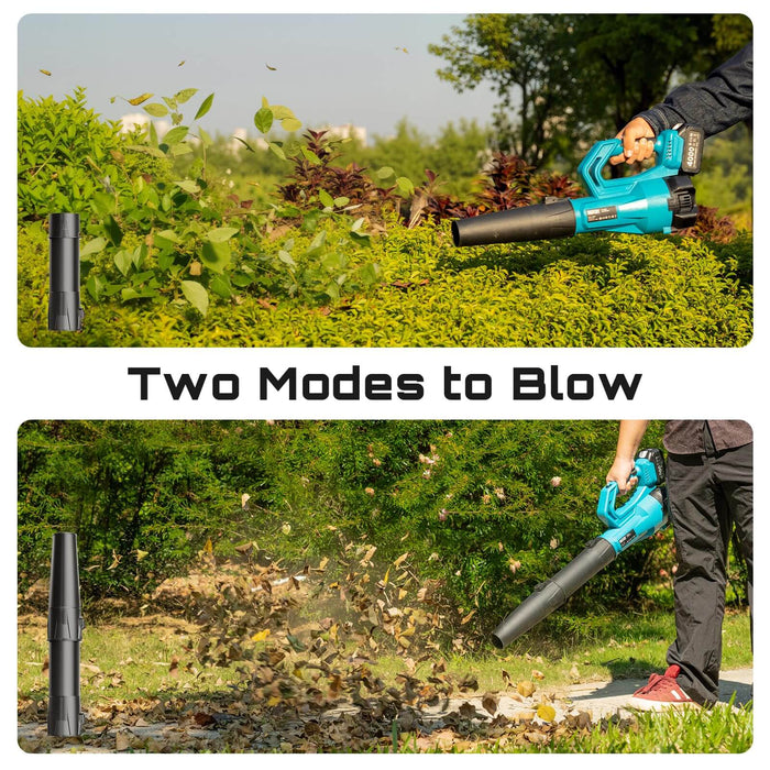 Seesii cordless leaf blower with two blow modes, showing different speed settings for light leaves and heavy yard debris cleanup