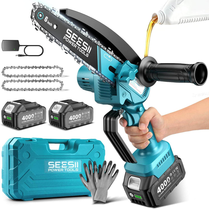 Seesii 6 inch cordless mini chainsaw kit with 2×4000mAh batteries, chains, case, gloves, auto oil system for garden tree cutting
