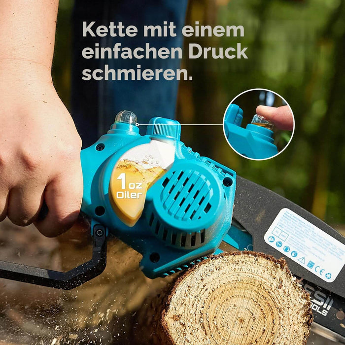 Seesii 6 inch mini chainsaw built‑in auto oil reservoir, one press to lubricate chain for smooth cutting and longer service life