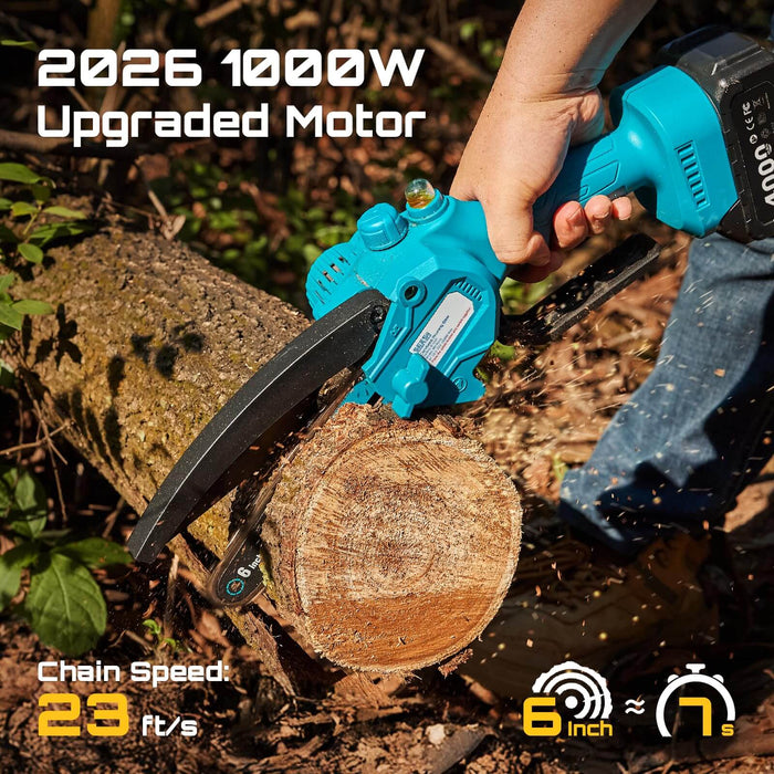 Seesii 6 inch cordless mini chainsaw cutting log, upgraded 1000W motor, high chain speed for fast wood cutting