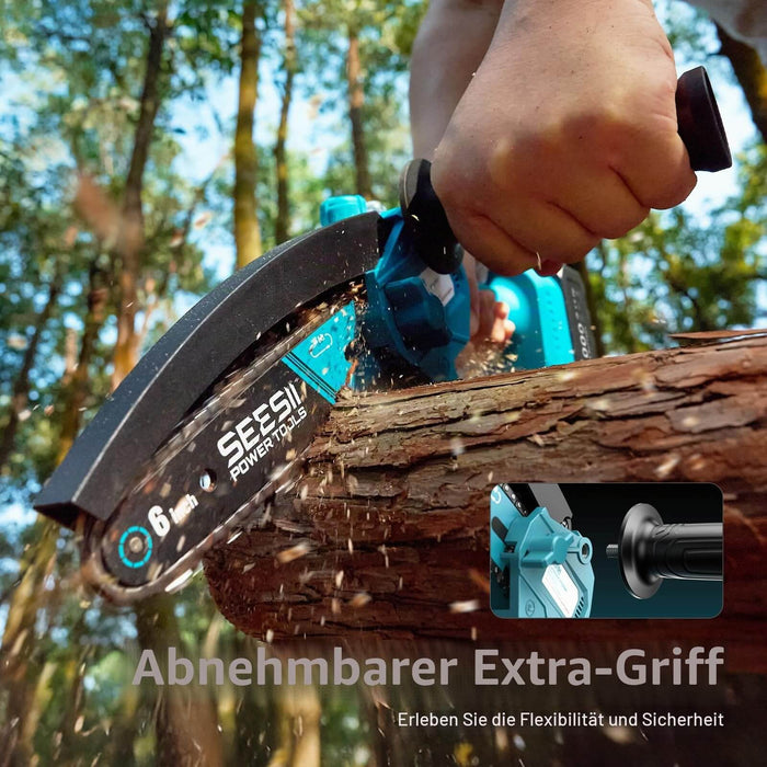 Seesii cordless mini chainsaw with detachable extra handle for flexible and safer wood cutting operation