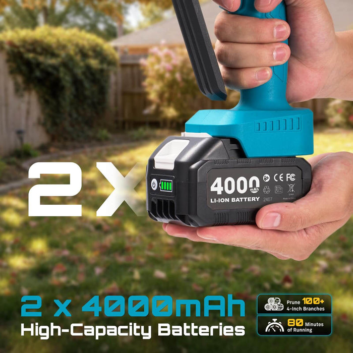 Seesii mini chainsaw 2 × 4000mAh high capacity lithium batteries, up to 80 minutes runtime for outdoor garden work