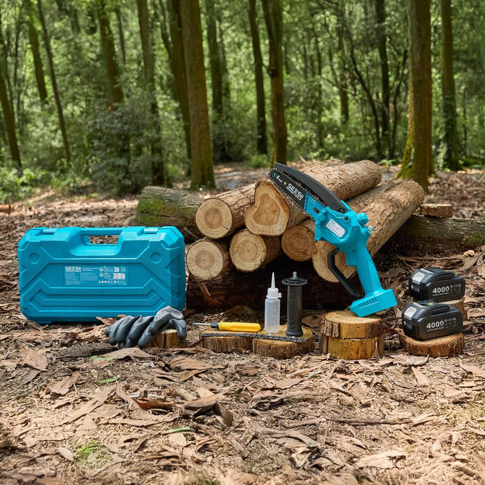 Complete Seesii 6 inch mini chainsaw kit with storage case, batteries, chains, gloves for home garden firewood cutting
