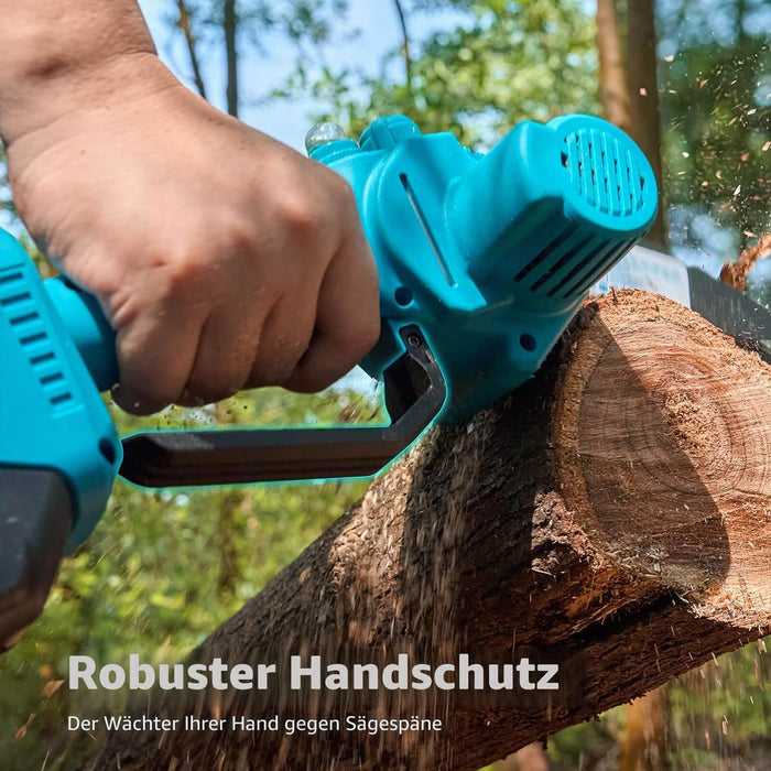 Robust hand guard on Seesii 6 inch mini chainsaw protects hands from wood chips for safe outdoor cutting work