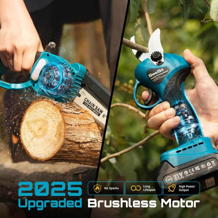SEESII Mini Chainsaw & Pruning Shears: 6" Electric Saw Brushless & 1.3" Pruner with 2×2.0Ah Batteries - SeeSii
