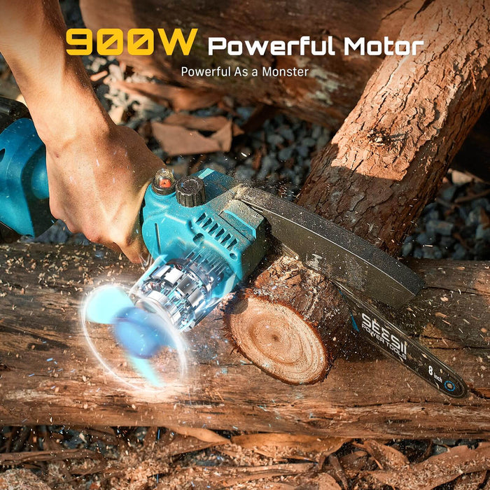 900W powerful motor of Seesii 8 inch mini cordless chainsaw for fast log cutting work