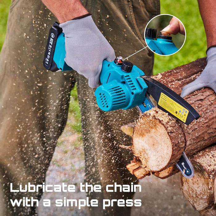 One-press auto oiler system on Seesii 8 inch cordless mini chainsaw for smooth chain lubrication