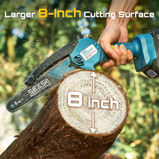 Seesii 8 inch handheld cordless chainsaw showing large cutting surface for tree and wood trimming