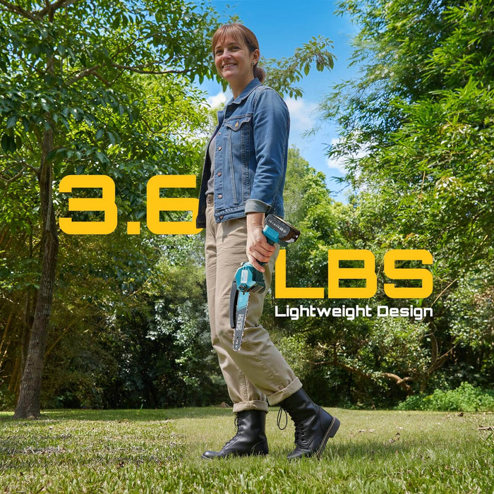 Lightweight 3.6 lbs Seesii 8 inch cordless chainsaw, easy one-hand operation for women and seniors
