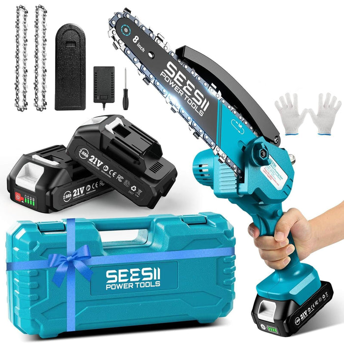 Seesii blue 8 inch mini cordless chainsaw kit with 2pcs 2000mAh batteries, storage case and full cutting accessories