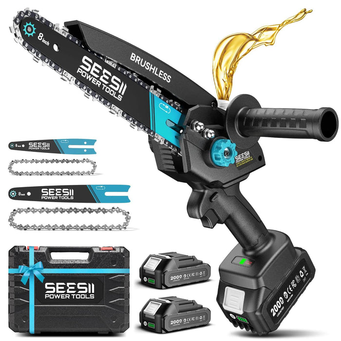 Mini Chainsaw Cordless 8 inch: Electric Chainsaw Battery Powered, Brushless Chain Saw with Auto Oiler, 2pcs Battery, Handheld Saw for Tree Branch Wood Cutting,Gardening Tools for Men Dad Husband