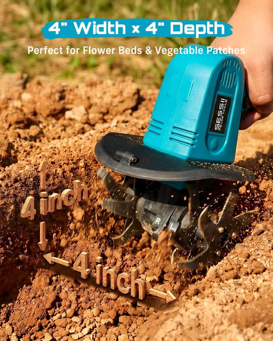 Seesii 20V mini cordless tiller with 4 inch working width & 4 inch tilling depth, ideal tool for flower beds and vegetable garden patches