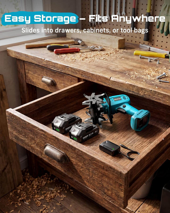 Seesii 20V teal mini cordless tiller full set stored inside wooden tool drawer, compact design fits cabinets drawers and tool bags easily