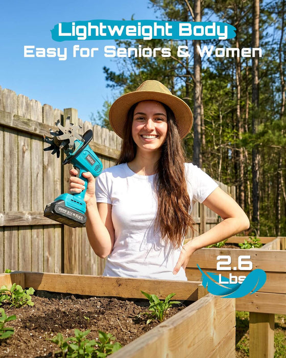 Seesii 20V lightweight 2.6lbs mini cordless tiller, teal electric rototiller easy to hold for women and seniors in raised garden bed