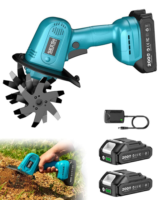 Mini Cordless Tiller Cultivator, 20V Electric Rototiller for Gardening | Lightweight 2.6 lbs, 2 x 2.0Ah Batteries, 4" Width × 4" Wepth, Ideal for Raised Beds, Lawn, Gardening, Soil Cultivation