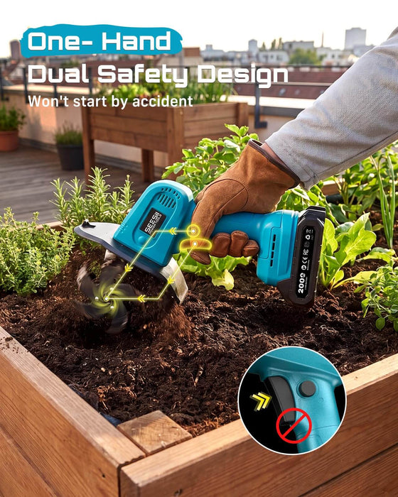 Seesii 20V teal one-hand cordless tiller with dual safety trigger lock design, prevents accidental startup for balcony raised bed gardening