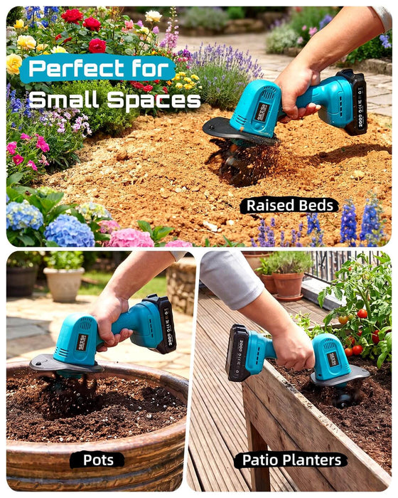 Seesii 20V teal mini cordless tiller perfect for small spaces, works great on raised beds, flower pots and patio planters for home gardening