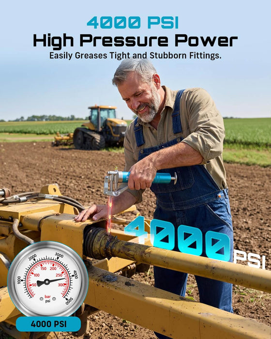 Seesii blue 3oz mini grease gun with 4000PSI high pressure power lubricates stubborn tight fittings for agricultural farm machinery maintenance
