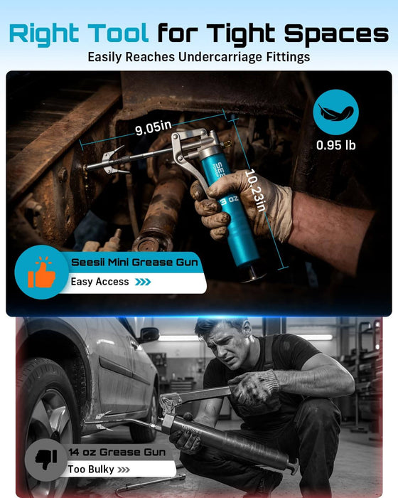 Seesii blue 3oz mini grease gun lightweight 0.95lb compact design comparison vs bulky standard grease gun for car undercarriage tight space lubrication