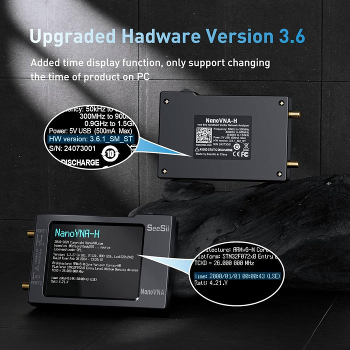 SEESII NanoVNA - H handheld vector network analyzer, 10 kHz–1.5 GHz. Measure S11/S21, VSWR/SWR, Smith chart; USB - C PC/Android control, SMA cal kit, ESD protection. - Network Analyzer - SeeSii