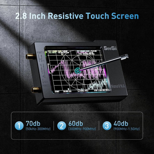SEESII NanoVNA - H handheld vector network analyzer, 10 kHz–1.5 GHz. Measure S11/S21, VSWR/SWR, Smith chart; USB - C PC/Android control, SMA cal kit, ESD protection. - Network Analyzer - SeeSii