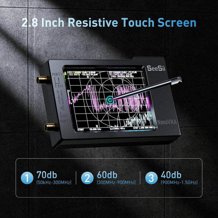 SEESII NanoVNA - H handheld vector network analyzer, 10 kHz–1.5 GHz. Measure S11/S21, VSWR/SWR, Smith chart; USB - C PC/Android control, SMA cal kit, ESD protection. - Network Analyzer - SeeSii