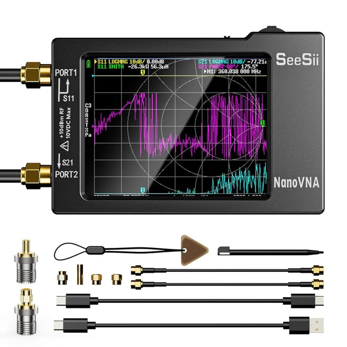 SEESII NanoVNA - H handheld vector network analyzer, 10 kHz–1.5 GHz. Measure S11/S21, VSWR/SWR, Smith chart; USB - C PC/Android control, SMA cal kit, ESD protection. - Network Analyzer - SeeSii