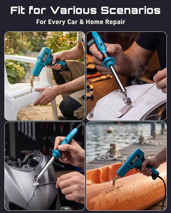 Multi application scenes of SEESII plastic welder kit for car bumper, kayak, plastic chair and toy crack repair
