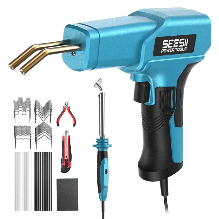 Blue SEESII 150W hot stapler plastic welder welding kit complete accessories display on white background