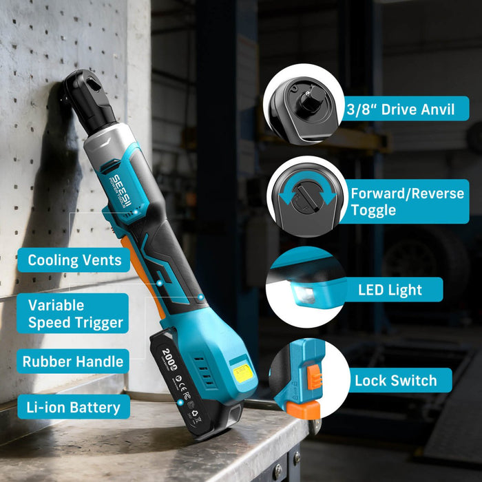 SEESII R38 Nova 3/8" Cordless Electric Ratchet Wrench Set, 60 ft - lbs Torque, 21V, Up to 300 RPM, 2×2.0Ah Batteries, Sockets, Adapters & Extension - ratchet wrench - SeeSii