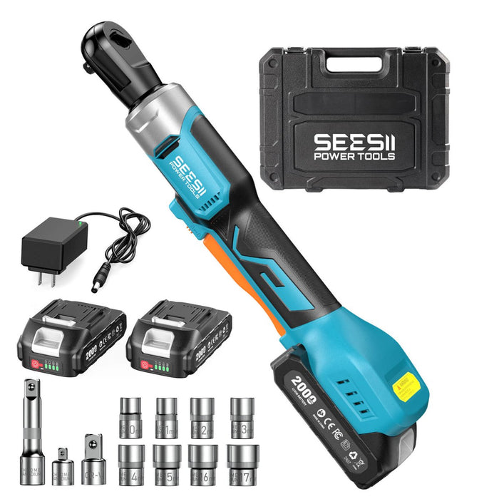 SEESII R38 Nova 3/8" Cordless Electric Ratchet Wrench Set, 60 ft - lbs Torque, 21V, Up to 300 RPM, 2×2.0Ah Batteries, Sockets, Adapters & Extension - ratchet wrench - SeeSii