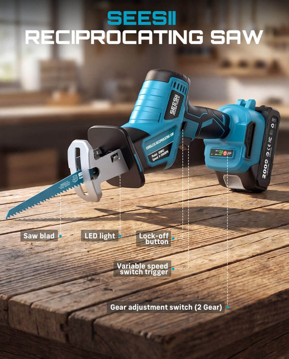 Seesii Reciprocating Saw Cordless, 3500 RPM Brushless Motor with 2 x 2.0Ah Batteries - SeeSii