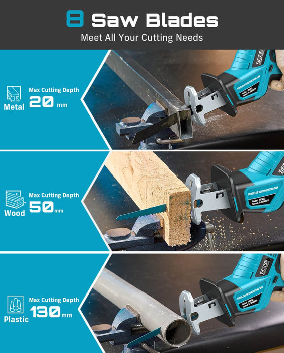 Seesii Reciprocating Saw Cordless, 3500 RPM Brushless Motor with 2 x 2.0Ah Batteries - SeeSii