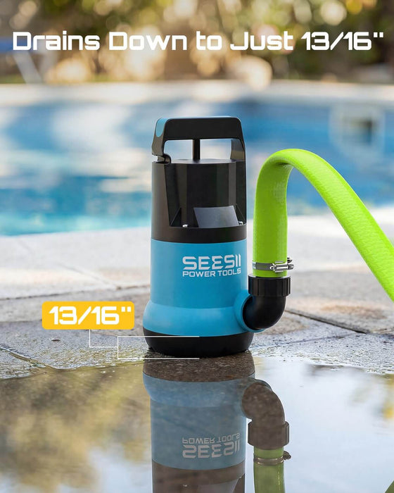 SEESII Submersible Pump Drains Down to 13/16 Inch, Low Level Water Removal for Pool & Yard