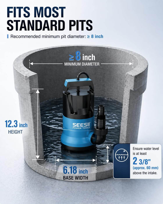 SEESII Submersible Sump Pump Fits Standard 8-inch Pits, Compact 6.18in Base, Easy Installation