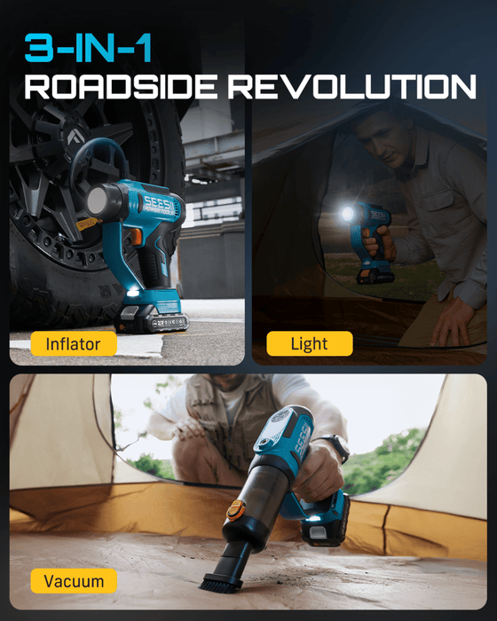 SEESII T7 MAX 3 - in - 1 Tire Inflator & Car Vacuum, 150 PSI Portable Air Compressor, 21V Cordless with Digital Gauge & LED Searchlight - SeeSii