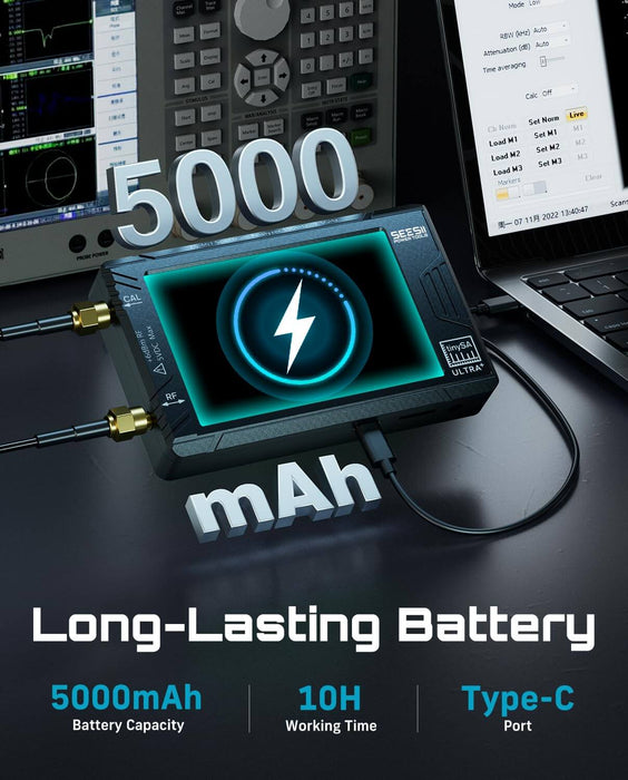 Seesii ZS407 TinySA Ultra+ 7.3GHz spectrum analyzer battery feature graphic, built-in 5000mAh long-lasting battery 10h working time with Type-C charging